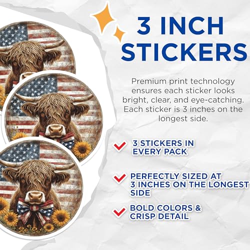 (3 Pack) Highland Cow Decals - American Flag Art - Patriotic Laptop Decal - 3 Inches On Longest Side - Easy Peel & Apply - Made in USA - 3MCS0044