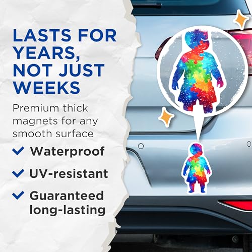 (2 Pack) Colorful Puzzle Child Magnets - Rainbow Illustration - Inspirational Puzzle Piece Art - 5" On Longest Side - for Cars, Fridges, Toolboxes - Made in USA - MAG7901