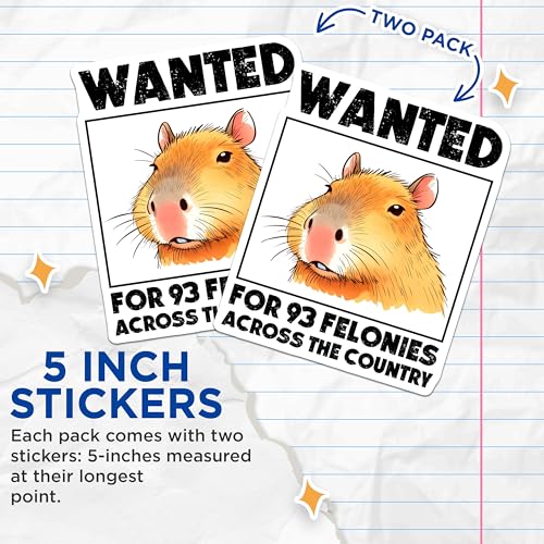 (2 Pack) Wanted Poster Capybara Stickers - Funny Animal Stickers - Humorous Capybara Meme Stickers - 5" On Longest Side - Sticks to Any Smooth Flat Surface - Made in USA - BMCS3255