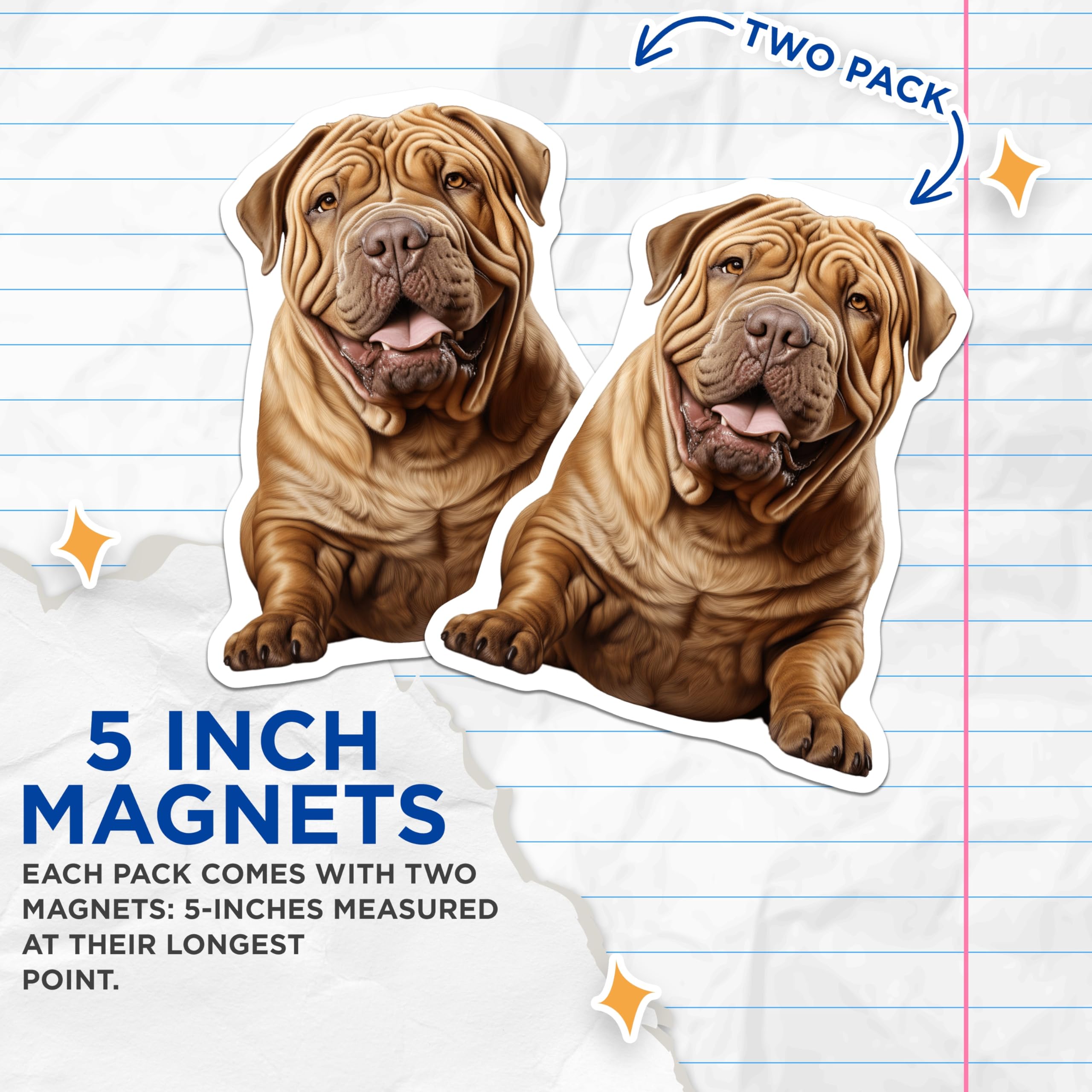 (2 Pack) Shar Pei Dog Magnets - Wrinkled Dog Breed Lover Decor - Unique Canine Art Pet Owner Accessories - 5 Inches On Longest Side - Thick Durable Magnet - Made in USA - MAG25962