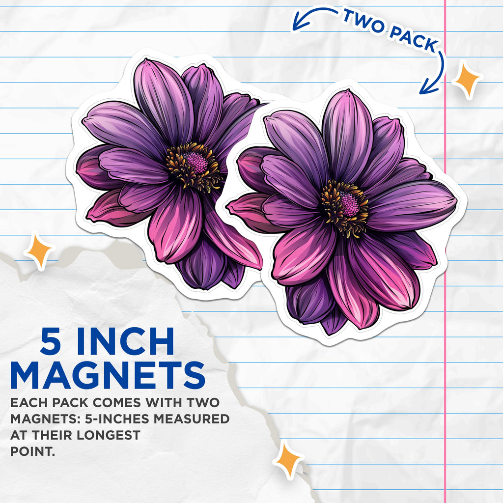 (2 Pack) Purple Dahlia Flower Magnets - Vibrant Botanical Decor - Refrigerator Locker Decor - Office Art - 5 Inches On Longest Side - Thick Durable Magnet - Made in USA - MAG38170