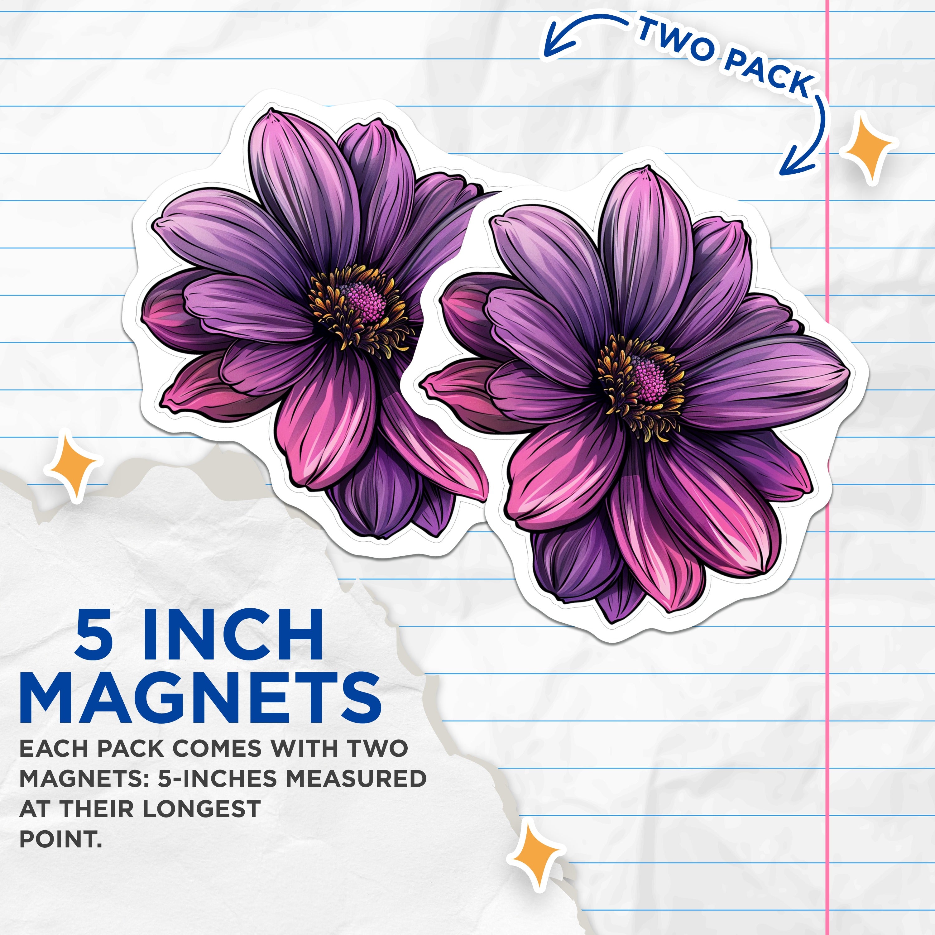 (2 Pack) Purple Dahlia Flower Magnets - Vibrant Botanical Decor - Refrigerator Locker Decor - Office Art - 5 Inches On Longest Side - Thick Durable Magnet - Made in USA - MAG38170