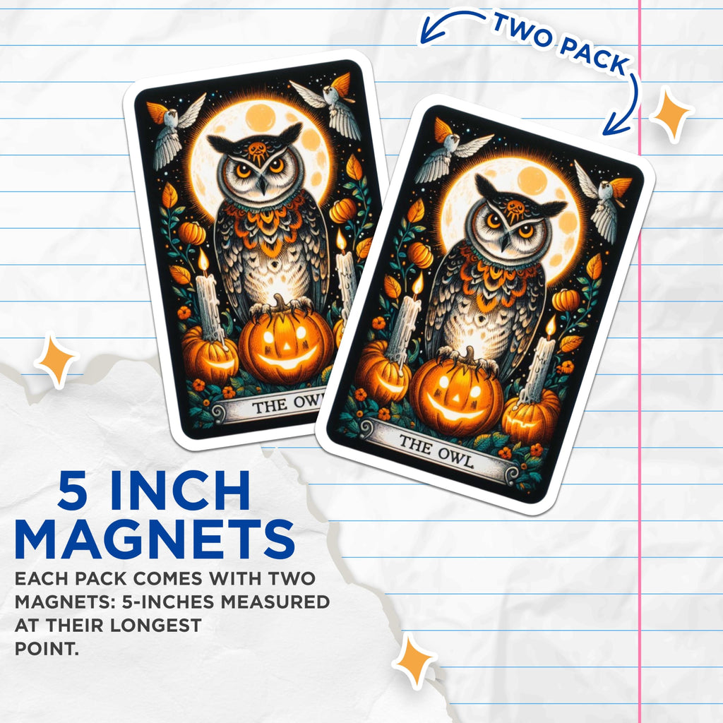 (2 Pack) Enchanting Owl Magnets - Mystical Halloween Moon Decor - Spooky Pumpkin Jack O Lantern Art for Fridge Kitchen Locker - 5 Inches On Longest Side - Thick Durable Magnet - Made in USA - MAG22683