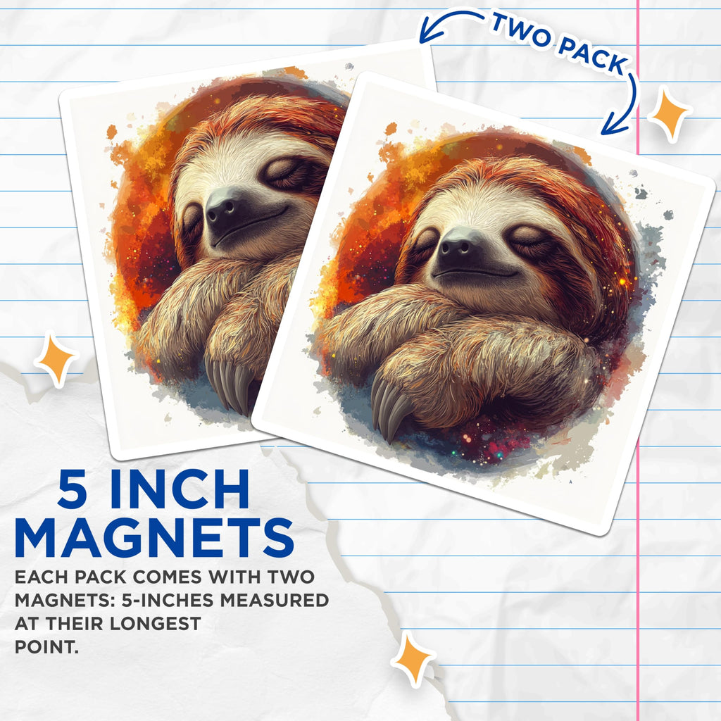 (2 Pack) Sleeping Sloth Magnets - Peaceful Sloth Animal Art - Refrigerator Locker Decor - Cute Woodland Creature Design - 5 Inches On Longest Side - Thick Durable Magnet - Made in USA - MAG24408