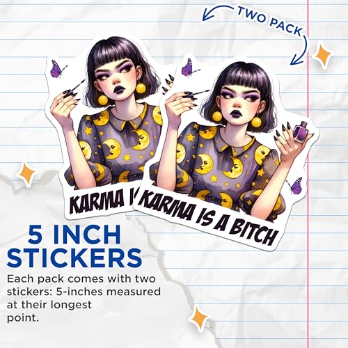 (2 Pack) Karma is A Bitch Stickers - Sarcastic Goth Art - Unique Moon Pattern Sticker - 5" On Longest Side - Sticks to Smooth Flat Surfaces - Made in USA - BMCS9039