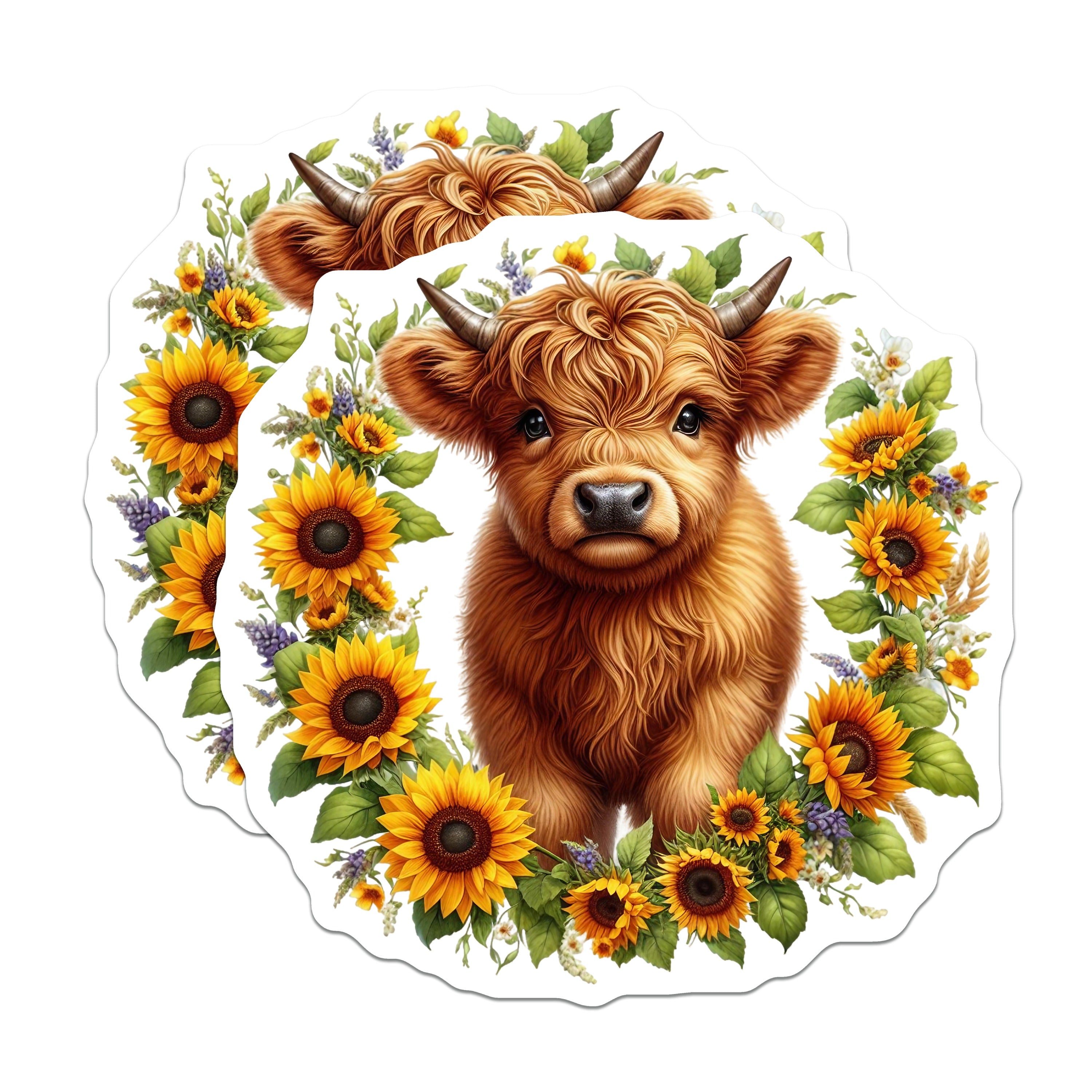 (2 Pack) Cute Highland Cow Magnets - Sunflower Farmhouse Decor - Adorable Animal Kitchen Art Refrigerator - 5 Inches On Longest Side - Thick Durable Magnet - Made in USA - MAG38876