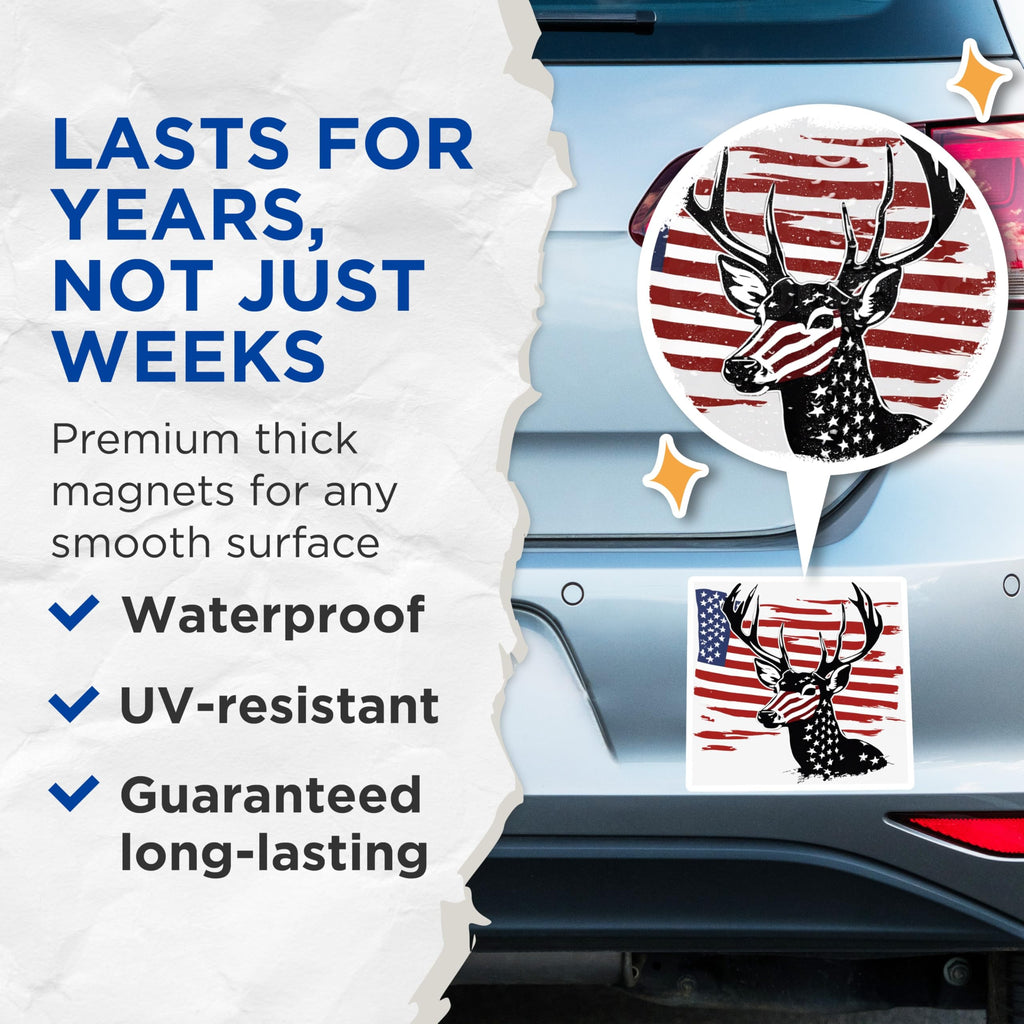 (2 Pack) American Flag Deer Magnets - Patriotic Buck Antler Hunting Scene - US Hunter Truck Fridge Refrigerator Display - 5 Inches On Longest Side - Thick Durable Magnet - Made in USA - MAG19559