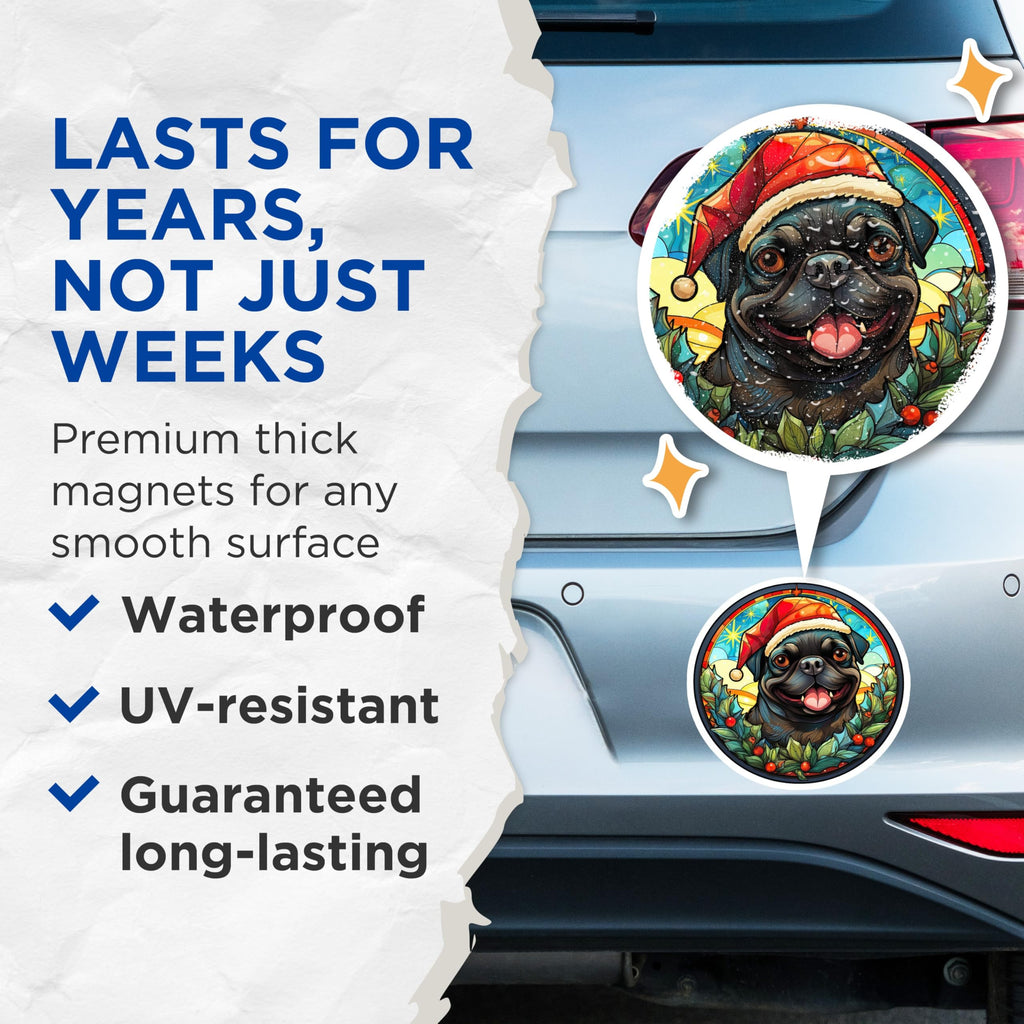 (2 Pack) Christmas Pug Magnets - Stained Glass Pet Decor - Holiday Dog Fridge Accessory - 5 Inches On Longest Side - Thick Durable Magnet - Made in USA - MAG30305
