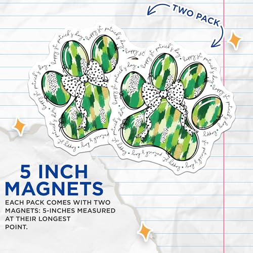(2 Pack) St Patricks Day Paw Print Magnets Magnets - Green Holiday Decor - 5" On Longest Side - Made in USA - Sticks to Refrigerators & Metal Surfaces - MAG8623