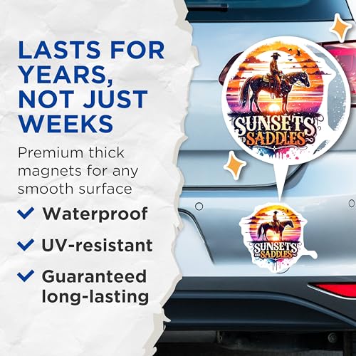 (2 Pack) Sunsets and Saddles Magnets - Cowboy Riding - Western Scene - Rustic Decor - Horse Lover - Sunset Art - 5" On Longest Side - for Cars, Fridges, Toolboxes - Made in USA - MAG7078