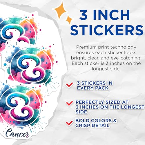 (3 Pack) Cancer Zodiac Decals - Watercolor Art Stickers - Astrology Sign Decals- 3 Inches On Longest Side - Easy Peel & Apply - Made in USA - 3MCS5796