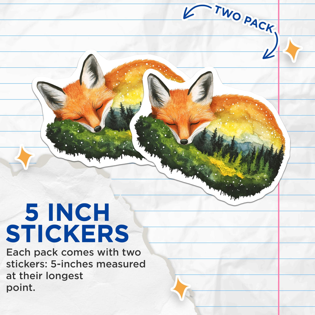 (2 Pack) Sleeping Fox Stickers - Watercolor Forest Design - Animal Art Decals - 5" On Longest Side - Sticks to Smooth Flat Surfaces - Made in USA - BMCS14714