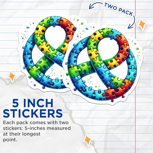 (2 Pack) Colorful Puzzle Piece Infinity Stickers - Rainbow Puzzle Decal - Autism Awareness Sticker - 5" On Longest Side - Sticks to Smooth Flat Surfaces - Made in USA - BMCS3687