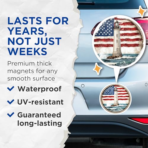 (2 Pack) Coastal Decor Magnet - American Flag Lighthouse - 5" On Longest Side - Sticks to Smooth Flat Surfaces - Made in USA - MAG9451