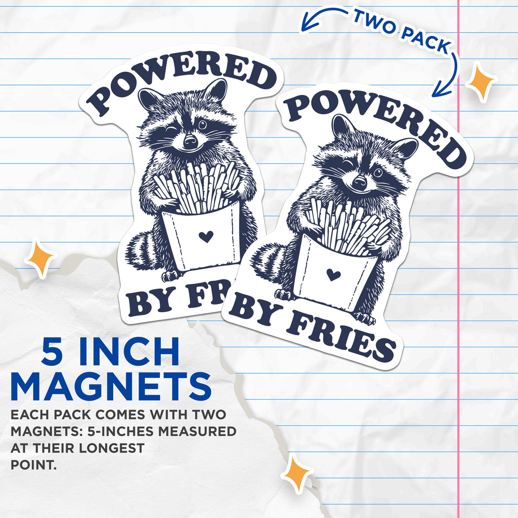 (2 Pack) Winking Raccoon French Fry Magnets - Powered By Fries Decor - Funny Foodie Animal Art for Fridge - 5 Inches On Longest Side - Thick Durable Magnet - Made in USA - MAG39117
