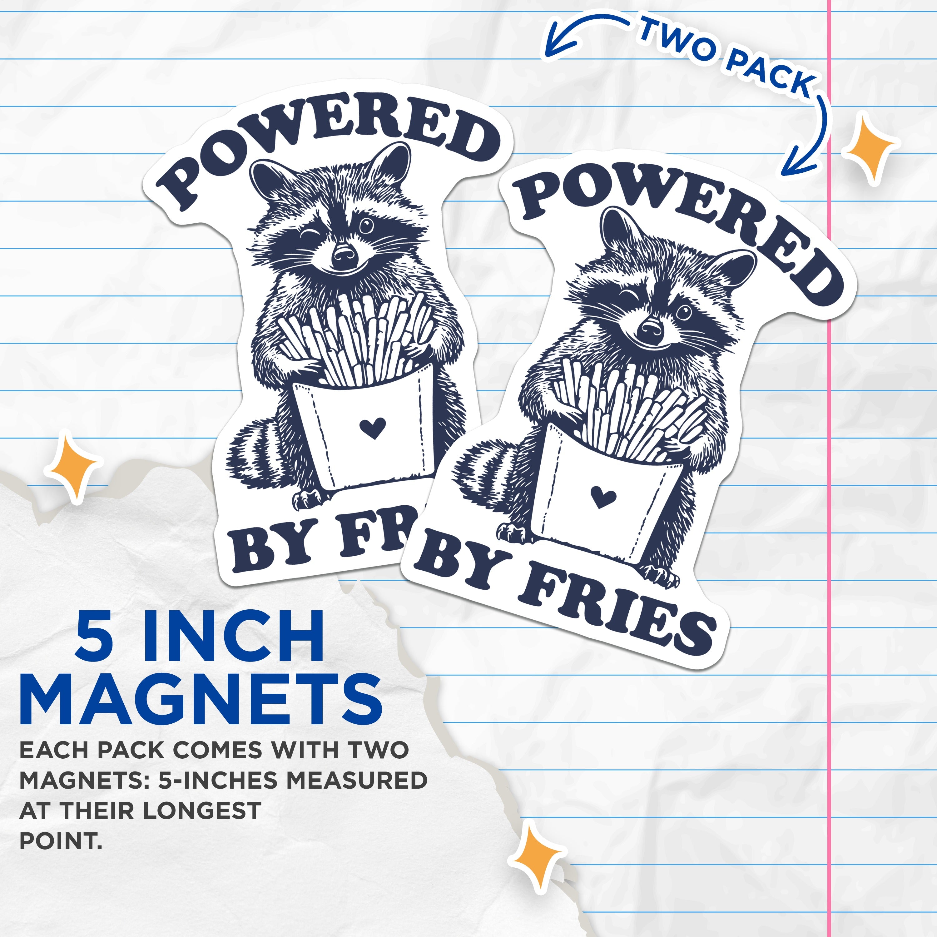 (2 Pack) Winking Raccoon French Fry Magnets - Powered By Fries Decor - Funny Foodie Animal Art for Fridge - 5 Inches On Longest Side - Thick Durable Magnet - Made in USA - MAG39117
