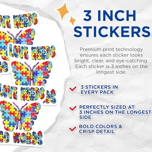 (3 Pack) Autism Awareness Decals - Puzzle Butterfly Stickers - Love Needs No Words Laptop Decal- 3 Inches On Longest Side - Easy Peel & Apply - Made in USA - 3MCS5464
