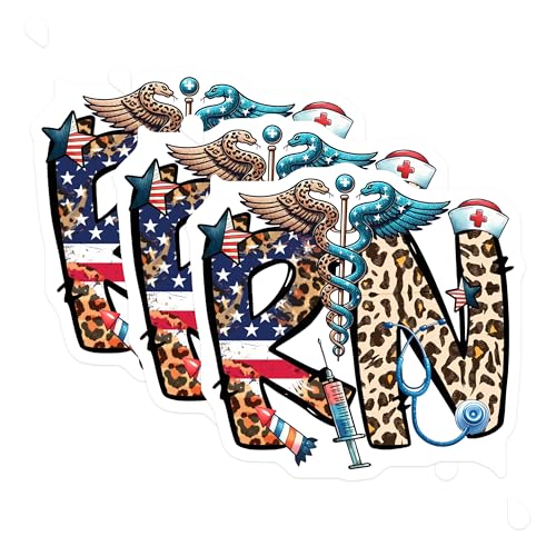 (3 Pack) Patriotic Nurse RN Decals - American Flag - Leopard Print - Medical Decals - 3 Inches On Longest Side - Easy Peel & Apply - Made in USA - 3MCS7239