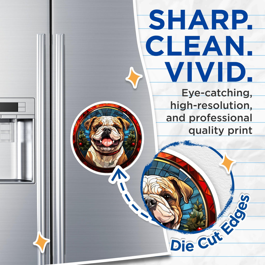 (2 Pack) Bulldog Christmas Magnets - Stained Glass Pet Art - Holiday Refrigerator Decor - 5 Inches On Longest Side - Thick Durable Magnet - Made in USA - MAG28306