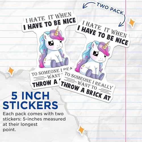 (2 Pack) Funny Unicorn Stickers - Sarcastic Quote - Humorous Anti-Social - 5" On Longest Side - Sticks to Smooth Flat Surfaces - Made in USA - BMCS7810