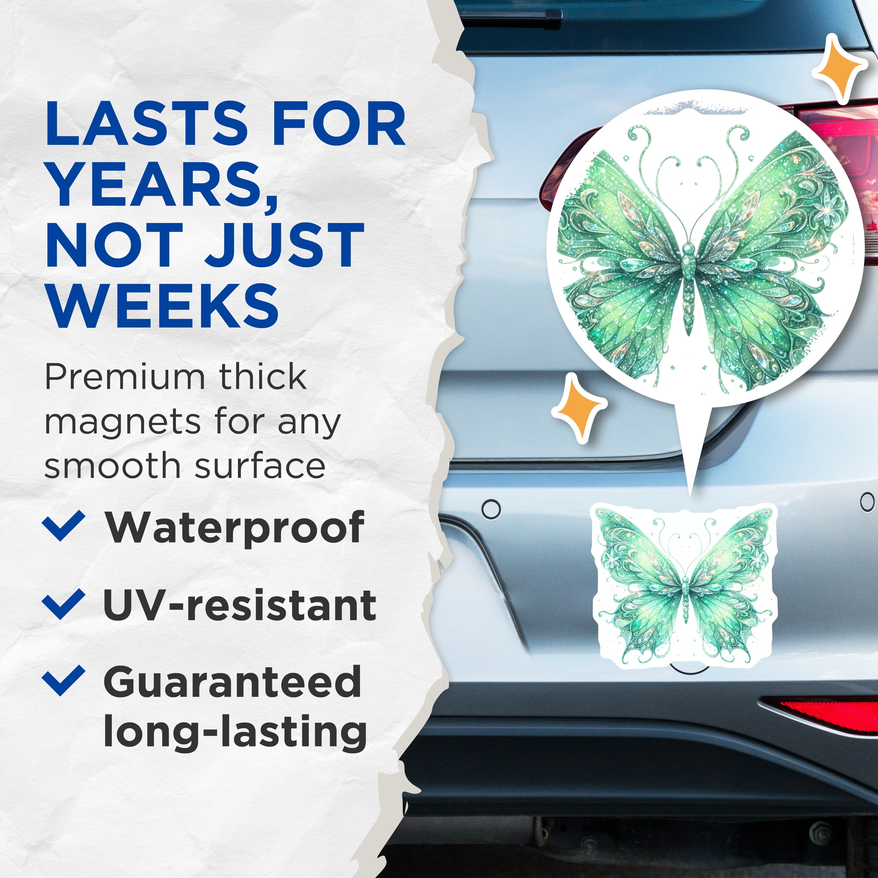 (2 Pack) Green Butterfly Magnets - Sparkly Fairycore Decor - Refrigerator Locker Office Accent - 5 Inches On Longest Side - Thick Durable Magnet - Made in USA - MAG39640