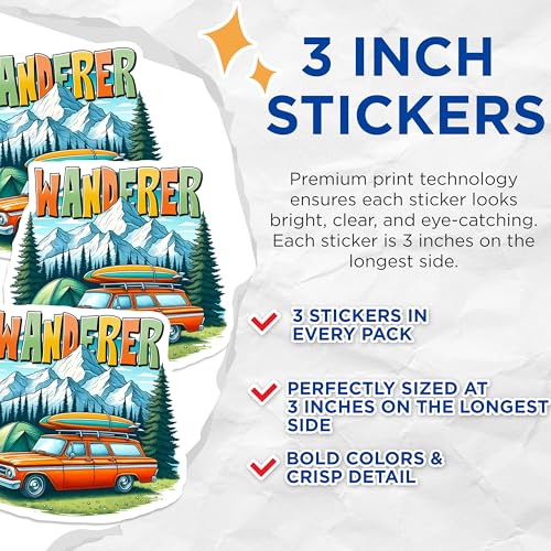 (3 Pack) Wanderer Decals - Retro Car with Surfboard - Camping Scene Sticker - 3 Inches On Longest Side - Easy Peel & Apply - Made in USA - 3MCS2050