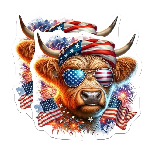 (2 Pack) Highland Cow Patriotic Stickers - American Flag Sunglasses - Fourth of July Celebration Decal - 5" On Longest Side - Sticks to Smooth Flat Surfaces - Made in USA - BMCS6360