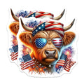(2 Pack) Highland Cow Patriotic Stickers - American Flag Sunglasses - Fourth of July Celebration Decal - 5" On Longest Side - Sticks to Smooth Flat Surfaces - Made in USA - BMCS6360