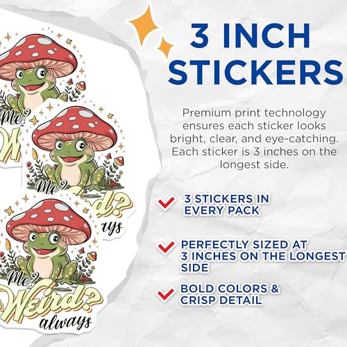 (3 Pack) Frog Decals - Mushroom Hat - Me Weird Always - Laptop Decals - 3 Inches On Longest Side - Easy Peel & Apply - Made in USA - 3MCS2542