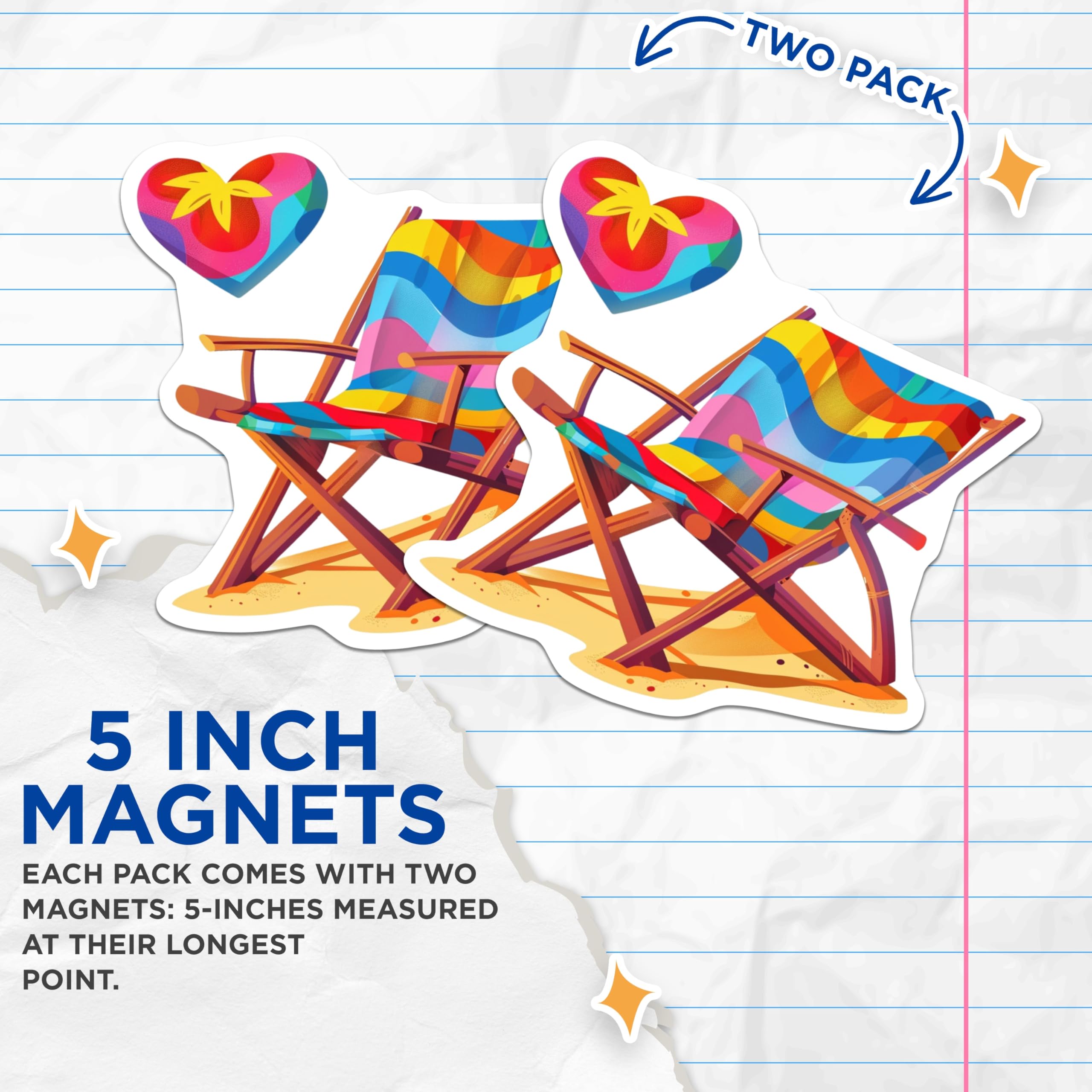 (2 Pack) Beach Chair Magnets - Colorful Summer Art - Tropical Vacation Decor - 5 Inches On Longest Side - Thick Durable Magnet - Made in USA - MAG24115