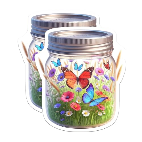(2 Pack) Butterfly in a Jar Stickers - Nature Inspired Decals - Colorful Spring Flowers Stickers - 5" On Longest Side - Sticks to Smooth Flat Surfaces - Made in USA - BMCS9363