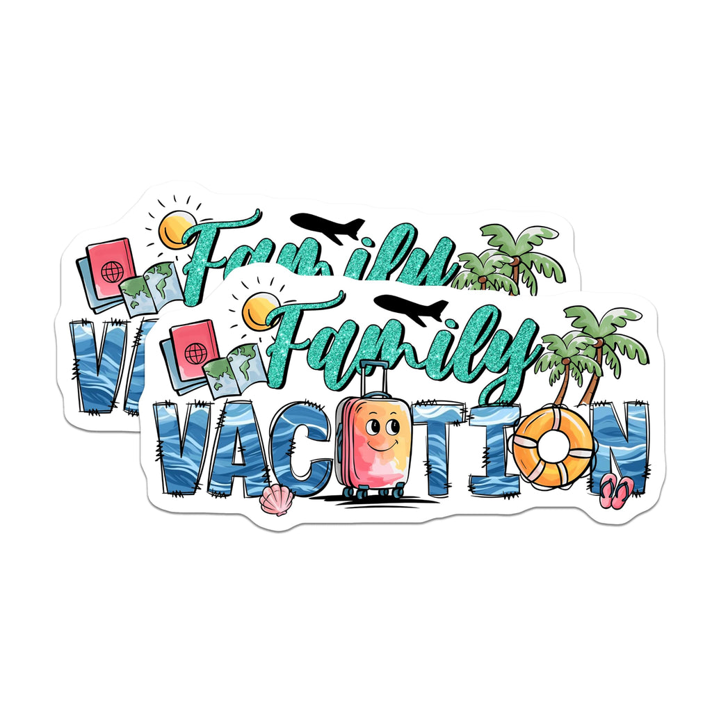 (2 Pack) Family Vacation Stickers - Summer Trip Decals - Travel Adventure Souvenirs - 5" On Longest Side - Sticks to Smooth Flat Surfaces - Made in USA - BMCS12169