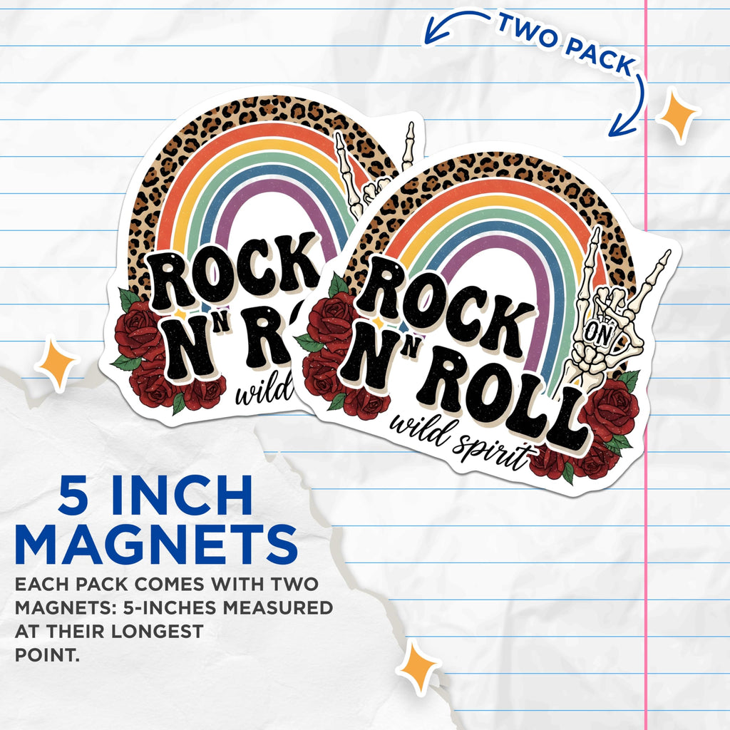(2 Pack) Rock and Roll Magnets - Rainbow Skeleton Hand - Wild Spirit Rose Decoration - 5" On Longest Side - Premium Magnet - for Cars, Refrigerators, Toolboxes, Lockers - Made in USA - MAG17980