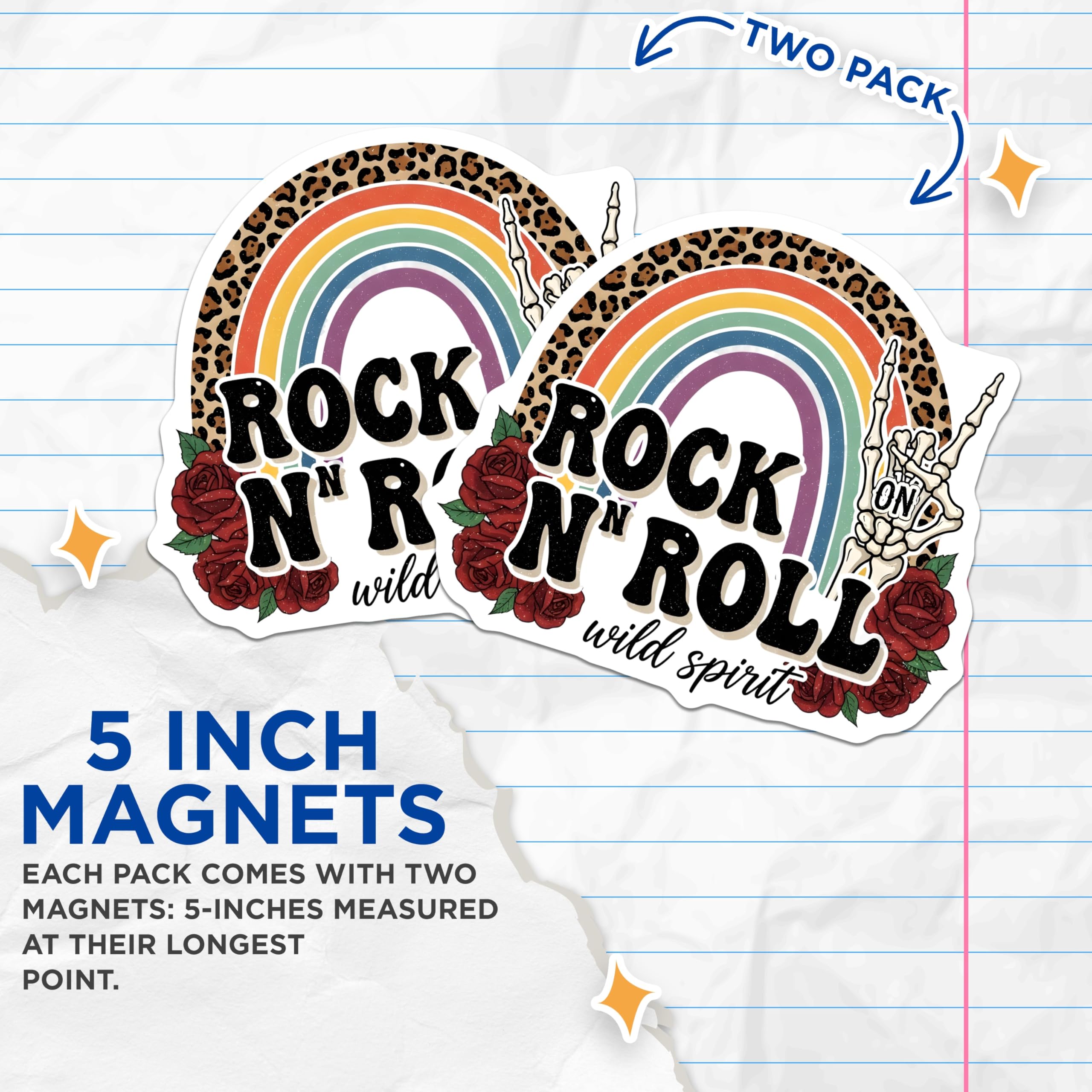 (2 Pack) Rock and Roll Magnets - Rainbow Skeleton Hand - Wild Spirit Rose Decoration - 5" On Longest Side - Premium Magnet - for Cars, Refrigerators, Toolboxes, Lockers - Made in USA - MAG17980