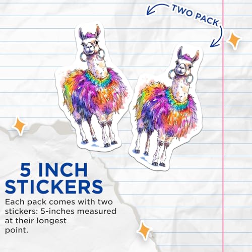 (2 Pack) Llama Fashion Stickers - Rainbow Llama Art - Colorful Animal Decor - 5" On Longest Side - Sticks to Smooth Flat Surfaces - Made in USA - BMCS9494