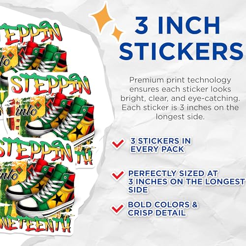 (3 Pack) Juneteenth Decals - African American Pride - Black History Sneakers - 3 Inches On Longest Side - Easy Peel & Apply - Made in USA - 3MCS6606