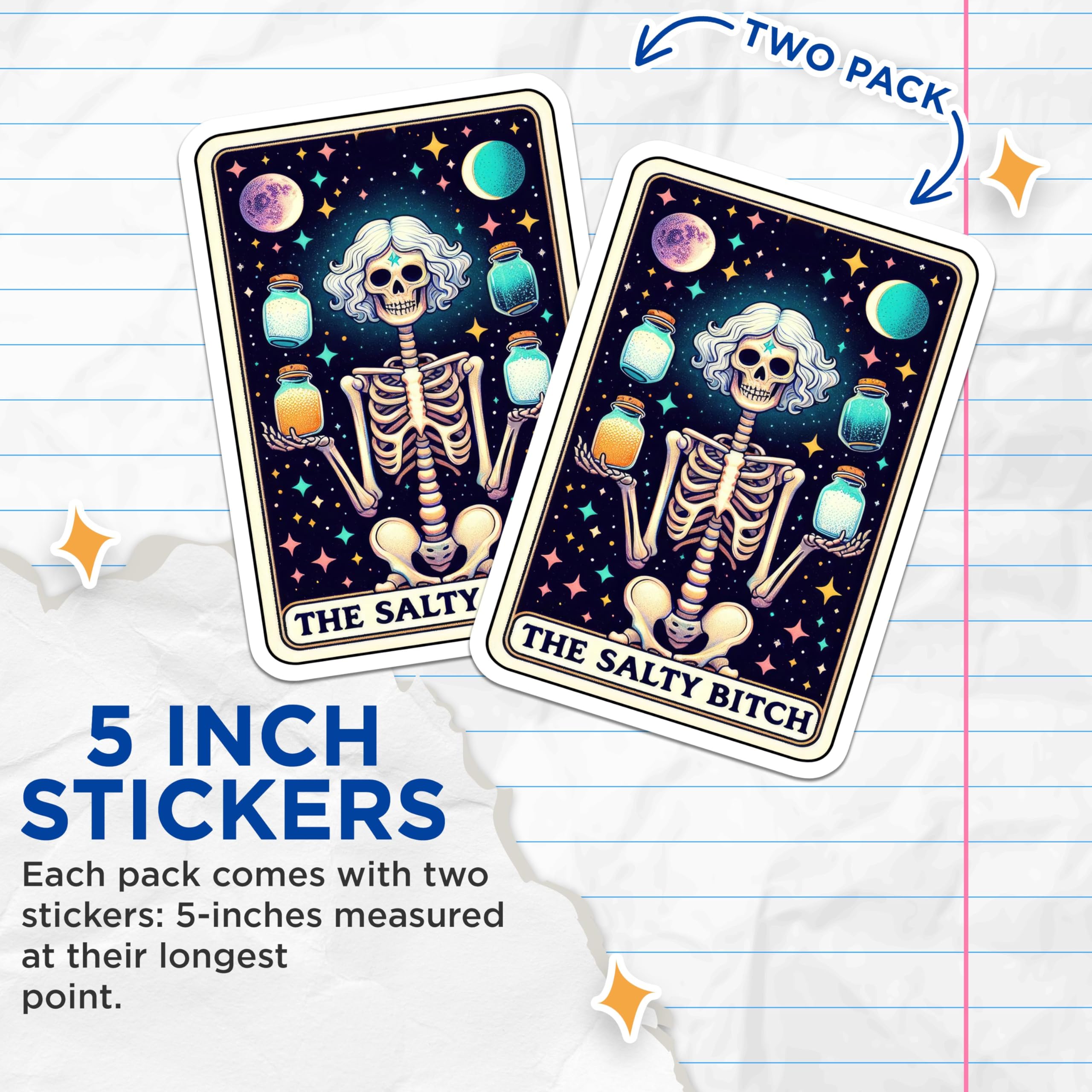 (2 Pack) Skeleton Magic Stickers - Celestial Witch Stickers - Moon and Stars Stickers - 5" On Longest Side - Sticks to Smooth Flat Surfaces - Made in USA - BMCS5492