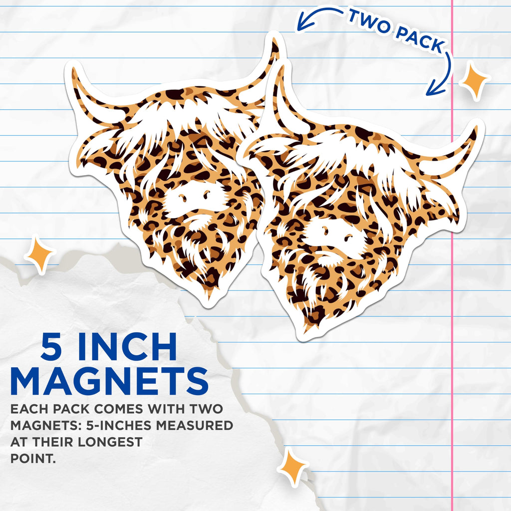 (2 Pack) Highland Cow Magnets - Leopard Print Animal Decor - Rustic Farmhouse Refrigerator Art - 5 Inches On Longest Side - Thick Durable Magnet - Made in USA - MAG19453
