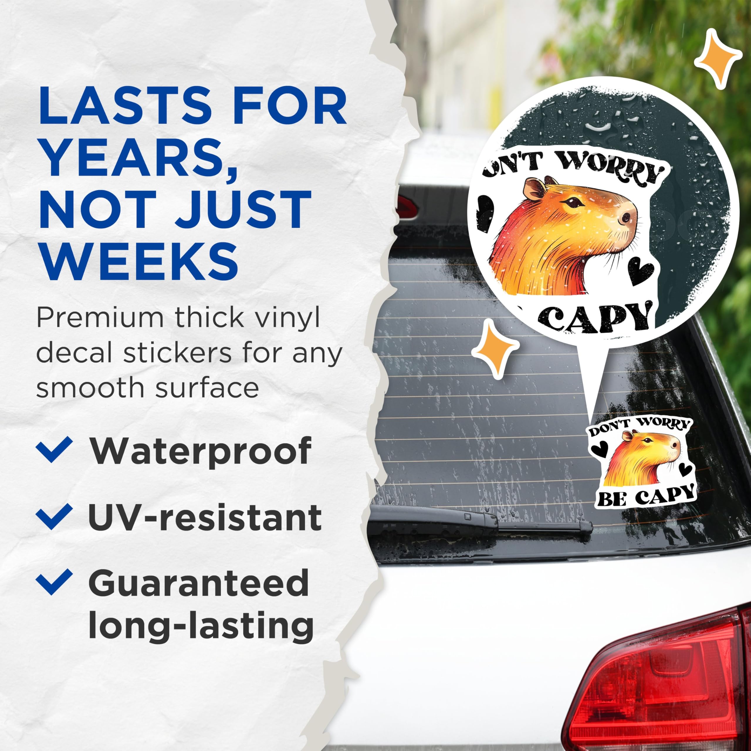 (2 Pack) Cute Capybara Stickers - Don't Worry Be Capy - Animal Lover - Fun Capybara Art - 5" On Longest Side - Sticks to Smooth Flat Surfaces - Made in USA - BMCS3749