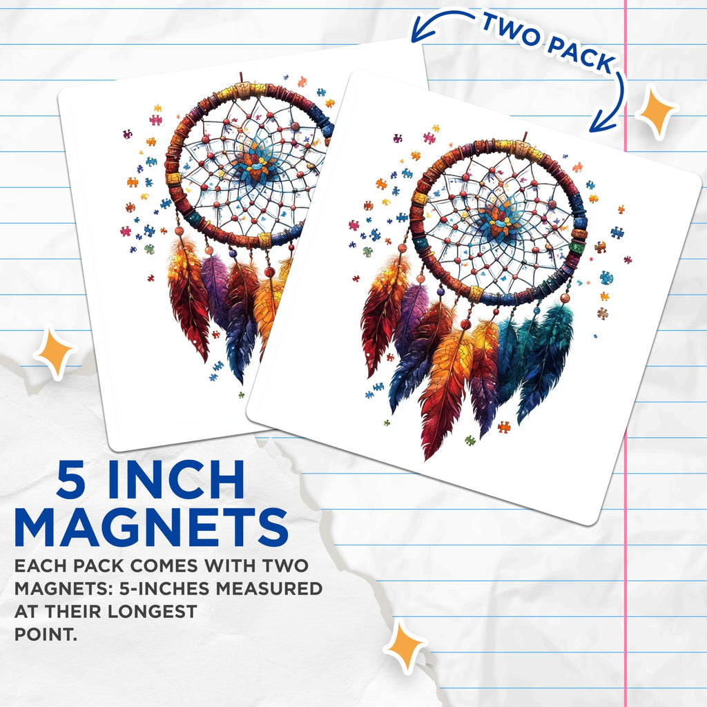 (2 Pack) Dreamcatcher Magnets - Puzzle Piece Art - Autism Awareness Decor - Boho Fridge Accent - Unique Spiritual Design - 5 Inches On Longest Side - Thick Durable Magnet - Made in USA - MAG30696