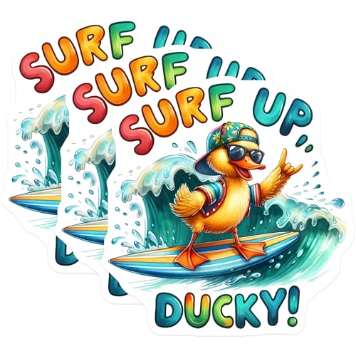 (3 Pack) Surf Up Ducky Decals - Cool Duck - Surfing Decals- 3 Inches On Longest Side - Easy Peel & Apply - Made in USA - 3MCS5119