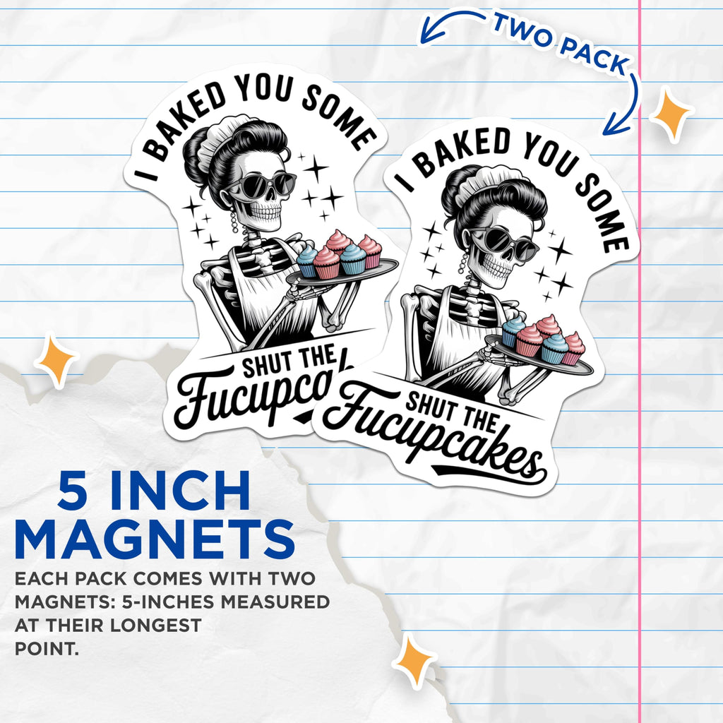 (2 Pack) Sarcastic Skeleton Magnets - Pinup Cupcake Humor - Dark Kitchen Fridge Decor - 5 Inches On Longest Side - Thick Durable Magnet - Made in USA - MAG20880