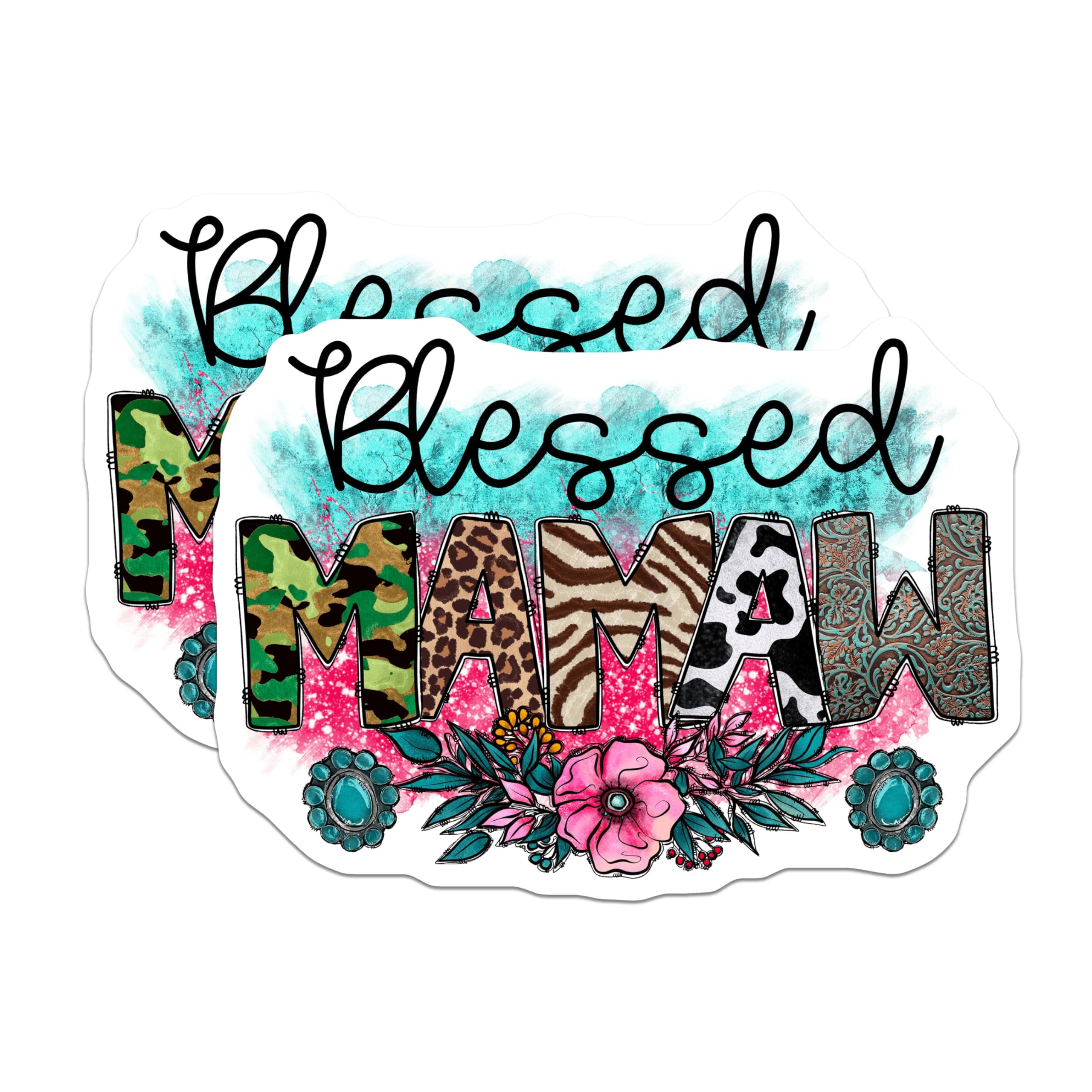 (2 Pack) Blessed Mama Magnets - Western Boho Mama Refrigerator Decor - Country Style Mom Accessory - Animal Print Mother Art - 5 Inches On Longest Side - Thick Durable Magnet - Made in USA - MAG29798