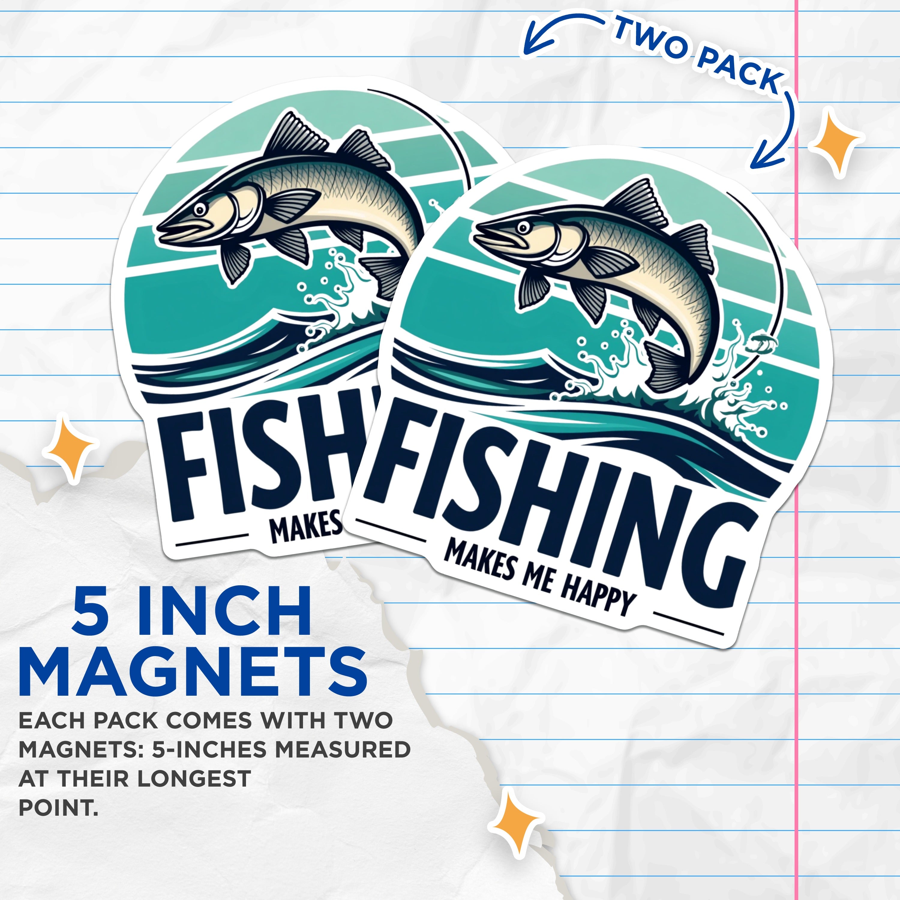 (2 Pack) Fishing Makes Me Happy Magnets - Angler Refrigerator Decor - Outdoorsman Fridge Magnets - Lake House - 5 Inches On Longest Side - Thick Durable Magnet - Made in USA - MAG39478