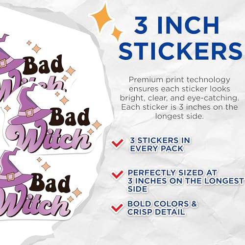 (3 Pack) Bad Witch Decals - Spooky Season - Halloween Decals - 3 Inches On Longest Side - Easy Peel & Apply - Made in USA - 3MCS1064