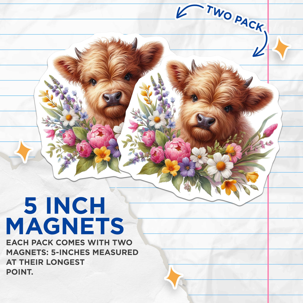 (2 Pack) Highland Cow Magnets - Floral Farmhouse Decor - Cute Animal Fridge Accent - 5 Inches On Longest Side - Thick Durable Magnet - Made in USA - MAG36192