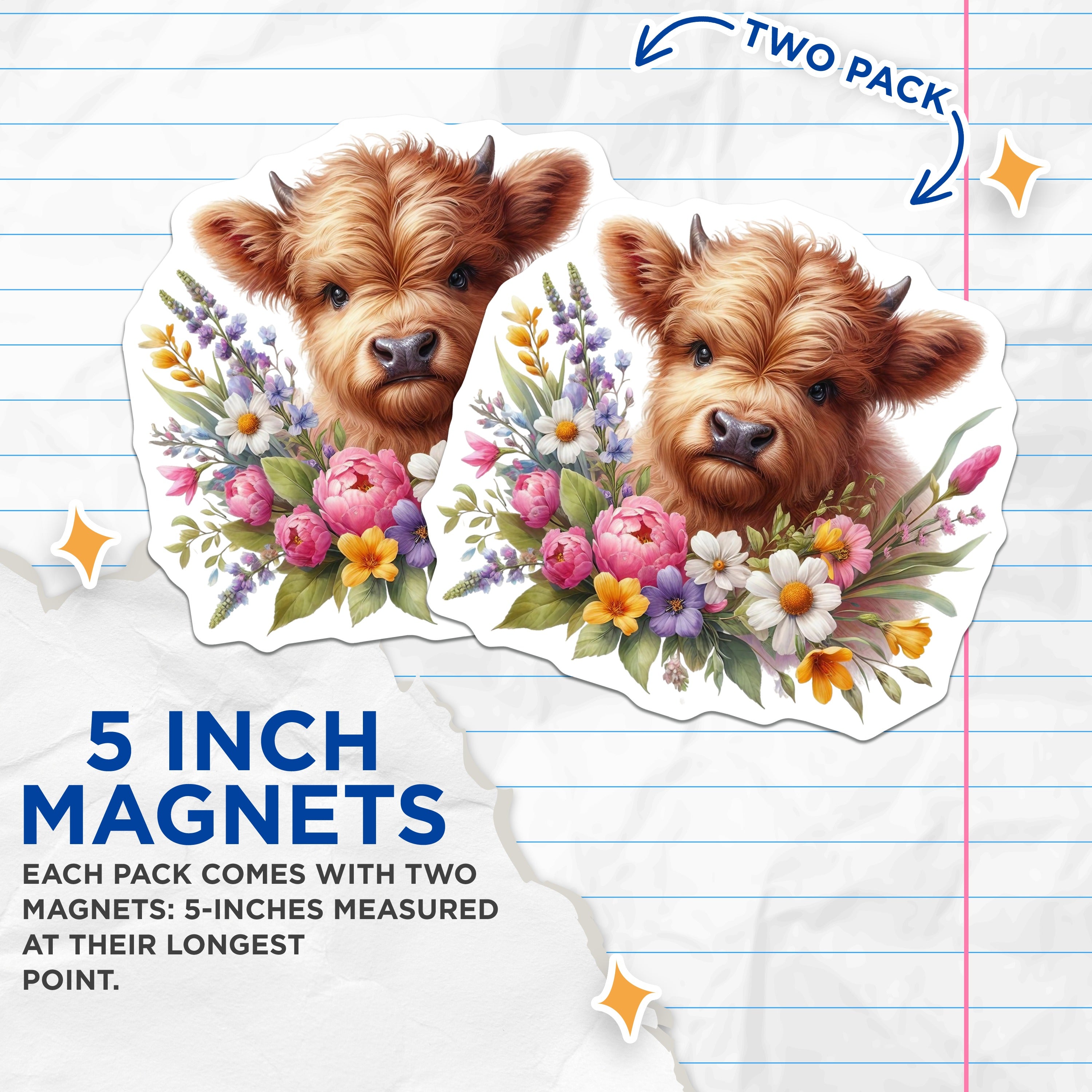 (2 Pack) Highland Cow Magnets - Floral Farmhouse Decor - Cute Animal Fridge Accent - 5 Inches On Longest Side - Thick Durable Magnet - Made in USA - MAG36192