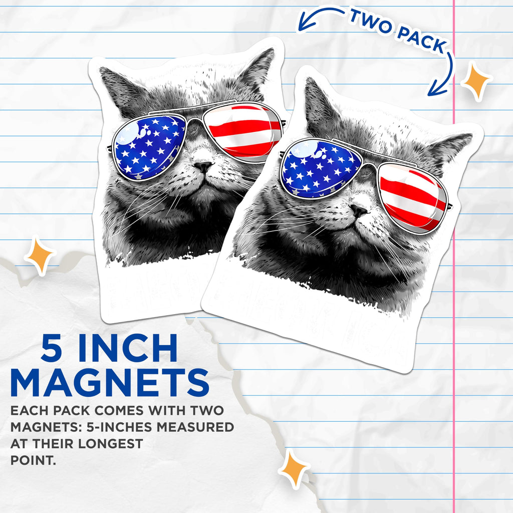(2 Pack) Patriotic Cat Magnets - USA Flag Sunglasses Kitty Decor - 4th of July Animal Lover Display - 5 Inches On Longest Side - Thick Durable Magnet - Made in USA - MAG26326