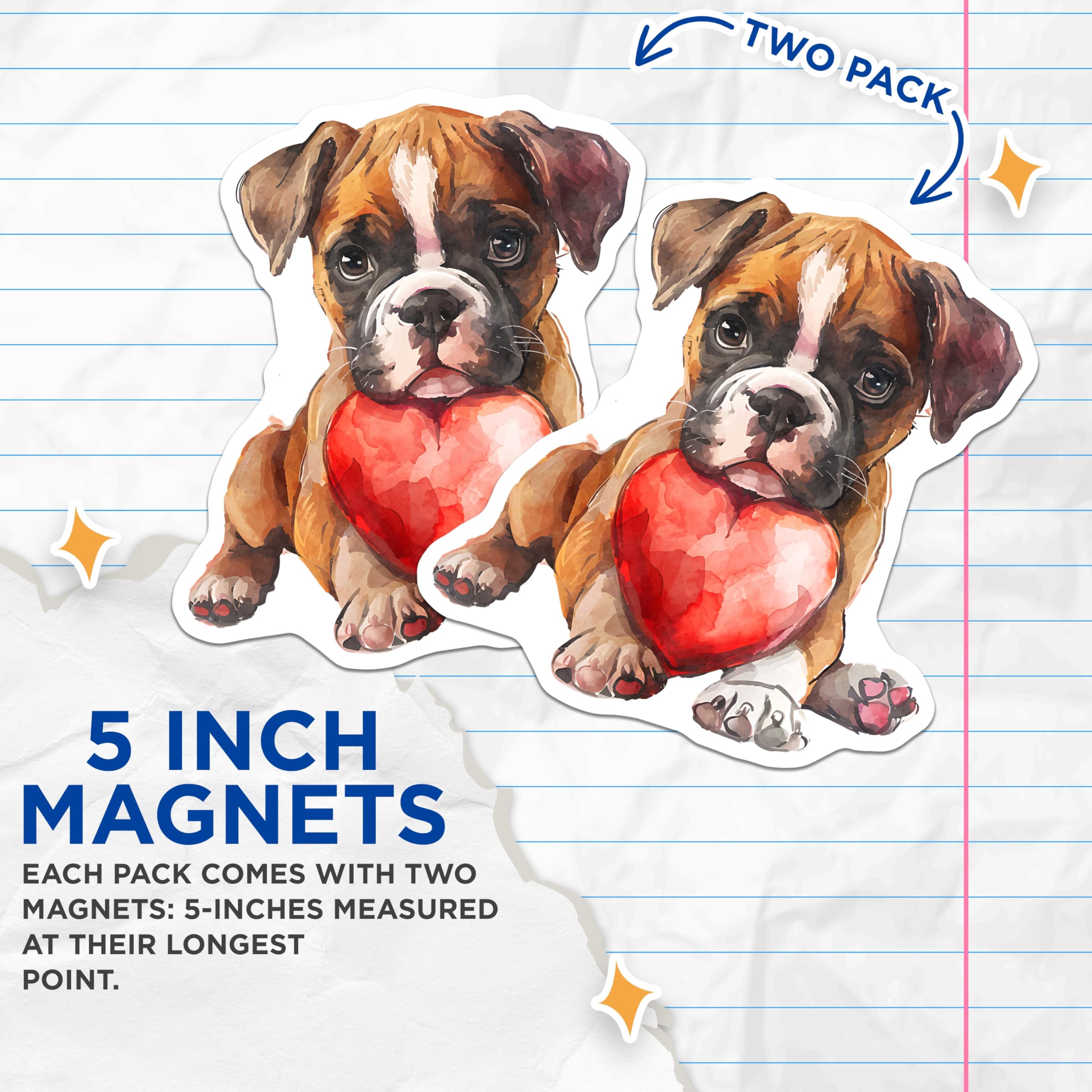 (2 Pack) Boxer Puppy Magnets - Heart Holding Dog Art - Adorable Animal Decor - 5" On Longest Side - Premium Magnet - for Cars, Refrigerators, Toolboxes, Lockers - Made in USA - MAG16705