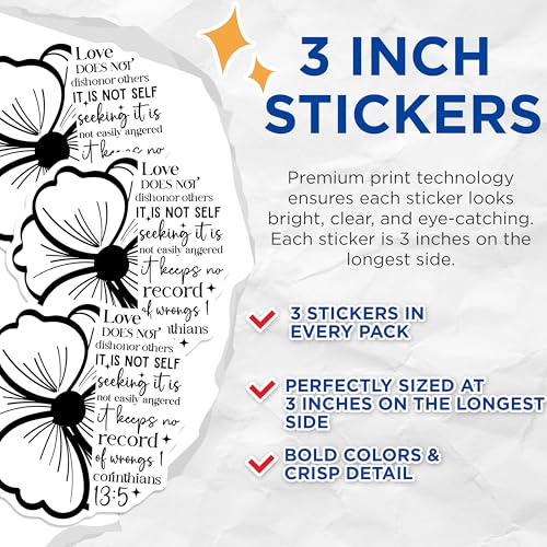(3 Pack) Corinthians Love Decals - Floral Bible Verse Stickers - Faith Inspiration Decal - 3 Inches On Longest Side - Easy Peel & Apply - Made in USA - 3MCS2619